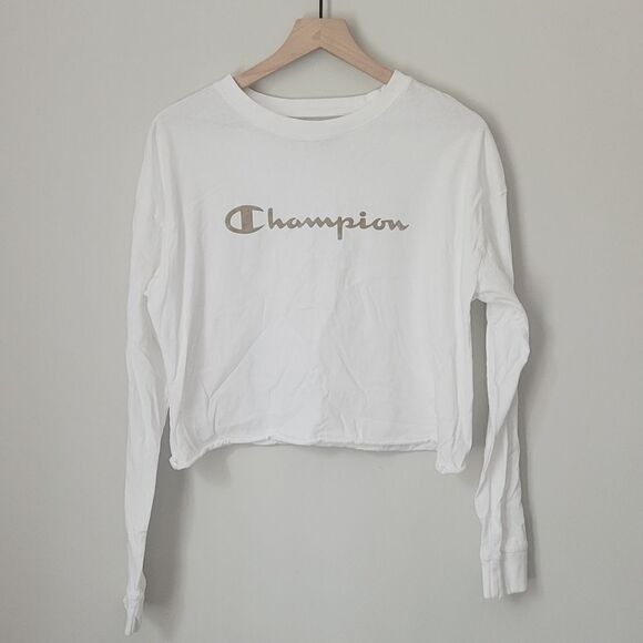 Champion Tops - Champion Cropped Long Sleeve Crewneck in White & Gold Size Large